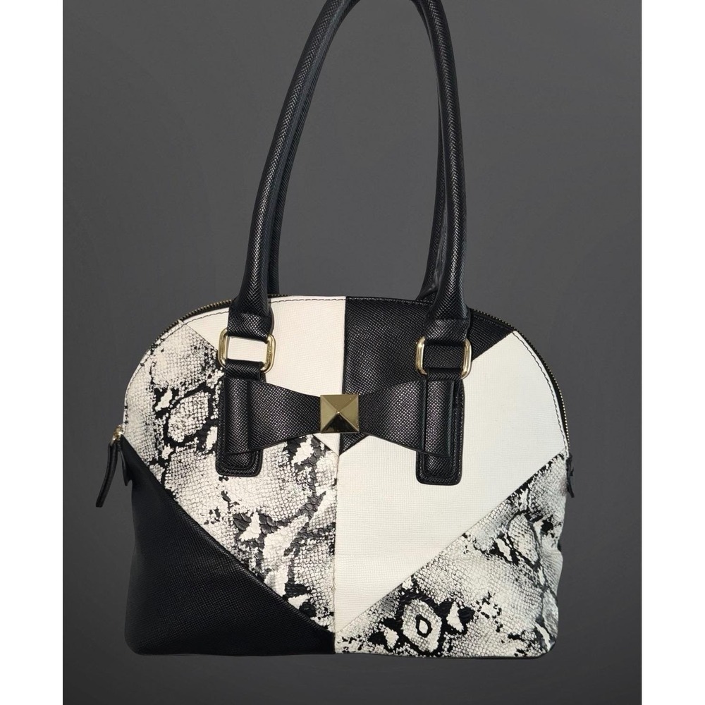 Apt 9 Womens Black White Snakeskin Colorblock Bow Satchel Dome Handbag